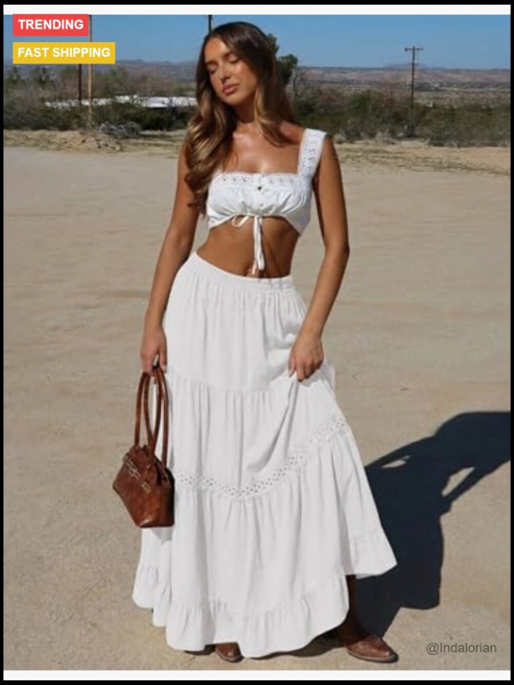 Boho Lace Crochet Tiered Flowy A-Line Maxi Skirt - Picture 2 of 7